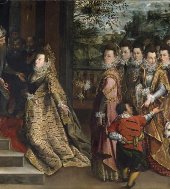Painting of King Solomon seated on throne and greeting the Queen of Sheba who is accompanied by ladies-in-waiting, a maid, a dog and a little person.
