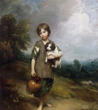 Full length portrait of child in landscape wearing ragged clothes and holding a puppy and a jug