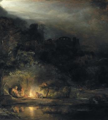 Painting of a small group of figures surrounding a fire in a landscape at night