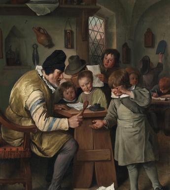 Oil painting of Dutch school room in seventeenth century with teacher hitting crying child's hand with wooden spoon as other children watch