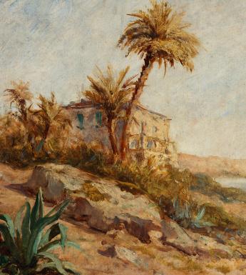 Painting of a Mediterranean coastline with palms trees at centre, a large ground plant with spiky green leaves in the left foreground, and the sea on the right.
