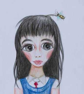 A drawing of a young girl with long dark hair. She is wearing a blue school pinafore over a white shirt and red tie, and there is a large wasp above her head.