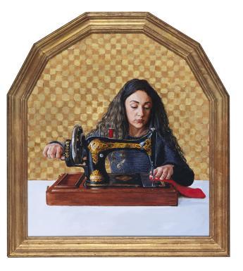 Within a glit frame, and in front of a golden checkered background, a dark haired woman works on an ornate black and gold old-fashioned sewing machine. She looks down at what she is working on, which is in a red material.