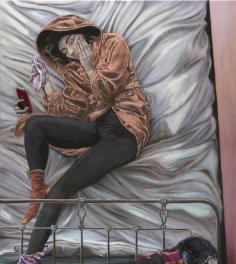 figure dressed in an orange hooded dressing gown and black leggings lies on a bed. One hand is to their face, and one holds a checkered piece of material. A third hand is holding a phone, at which they are gazing. At the foot of the bed is a second figure, dressed in black with a striped scar around their neck. Their hand is grasping the ankle of the figure in the bed, with the fingers wrapped all the way around. They are looking down at a phone in their other hand, which slightly illuminates their face