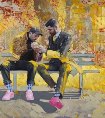 Two figures sit on a park bench. One, dressed in a suit, is lighting the cigarette of the other, dressed in a leather jacket and a baseball cap. Behind them, a riot of yellow, orange and pink, which is picked up in paint strokes on them.