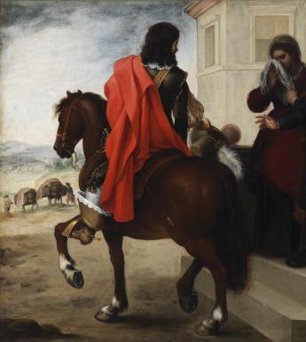 Oil painting of group of people watching man depart on horseback