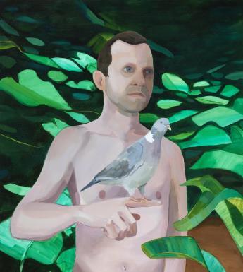A half length oil portrait of a man, naked, with a pigeon perched on his outstretched finger. Behind him, deep green foliage.