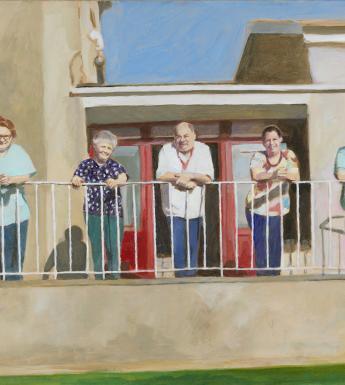 Five figures stand in front of a building, leaning on railings. There is a space between each of them, and their shadows fall behind them.