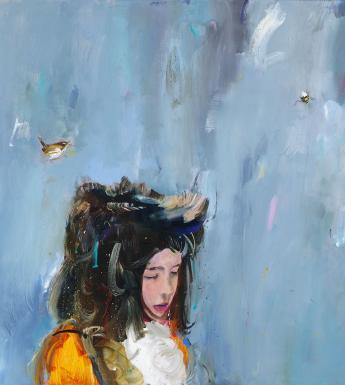 Painting of a child with long dark hair and yellow clothing standing against a blue sky-like background