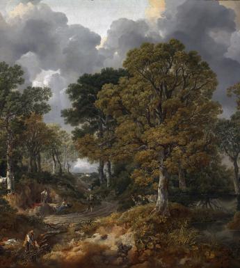 An oil painting of a wooded scene.