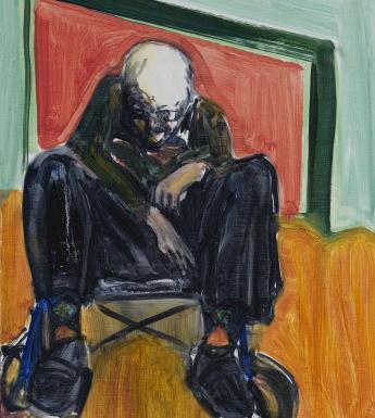 Stylised portrait of an elderly man sitting hunched in a wheelchair with blocks of yellow, pink, green and turquoise in background