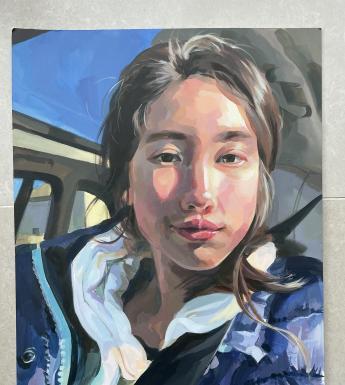 Painting of a young female figure with long dark hair and a purple jacket wearing a seatbelt in a car