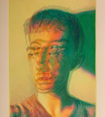 Optical illusion drawing of a male figure with duplicated eyes and mouth