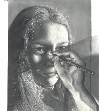 Drawing of a hand holding a pencil drawing a portrait of a young female figure in black and white