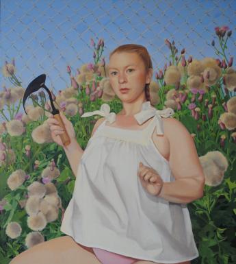 Painting of a female figure in a white top holding a small hand tool on a background of flowers