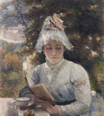 A painting of a woman dressed in white, including a white bonnet, sitting at a table reading a book. Behind her, we see a tree, greenery and a building in the distance; in front of her on the table, a teacup and plate.