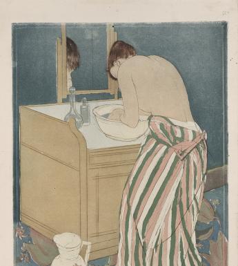 An etching showing a woman bathing in a wash basin on a dresser. Her dress - pink, green, white stripes - is pulled down around her waist and her head is bent over the basin, reflected in the mirror before her. A large jug is at her feet.