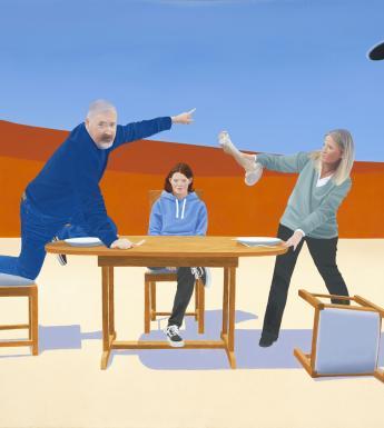A family of three sit around a dining table in a stark landscape (sand, orange hills, bright blue sky). The woman wields a bone, picked clean. Her chair has fallen over. The man climbs on the table pointing at a black hole in the sky. The teenager sits, looking glum.