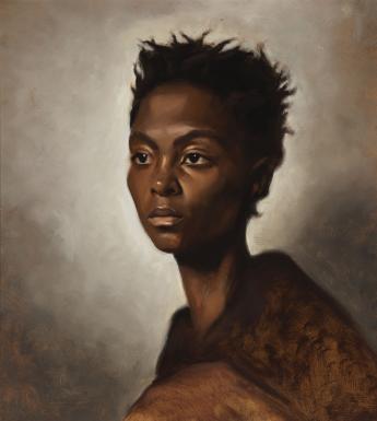 A head and shoulders portrait of a woman. She has short hair, and a sombre expression, and is looking into the distance, to the left of the frame.