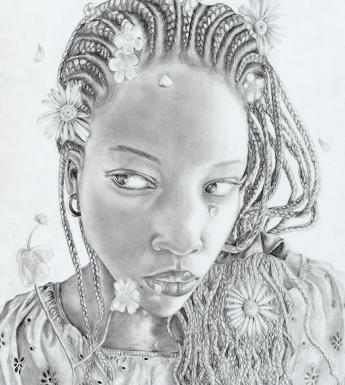 Black and white drawing of a young girl with braids that are full of flowers.