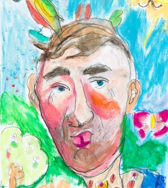 Child's painting of a man with a beard, standing outside with trees, flowers and a parrot
