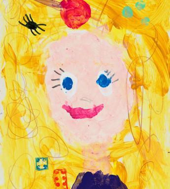 Children's painting of a child with blonde hair with a lollipop, spider and lego bricks stuck amongst it.