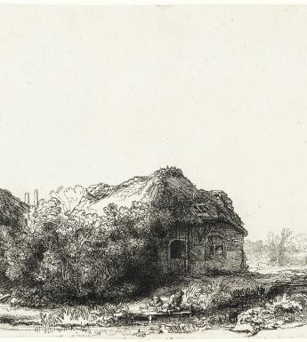 An black and white etching showing a rural dwelling in the foreground; in the background, we can see a city to the left and a large house to the right.