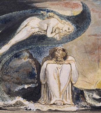 A figure dressed in white sits in the centre of the frame with the head resting in their hands. Above them floats a figure in a blue wave, their ankles shackled. To the right, the sun appears over the sea.