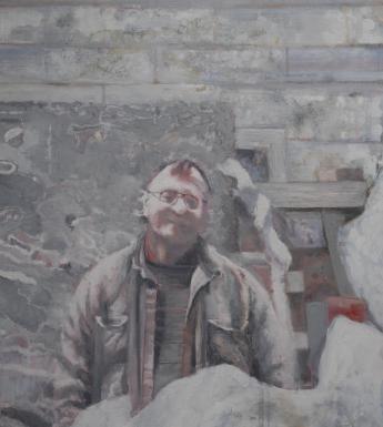 Painting of a male figure with glasses and a green jacket standing in a studio