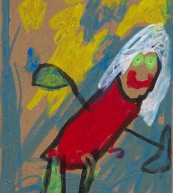 Child's painting of a person with white hair and red dress against a blue and yellow background