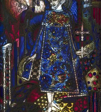 Stained glass panel, in jewel tones and colours, with three human figures