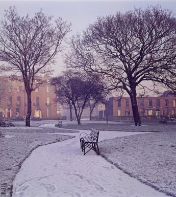 A snowy scene of an urban square. In the middle of the photograph is a park bench on a winding path. Behind, bare trees and tall red brick buildings.