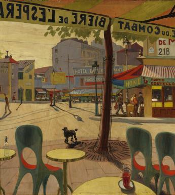 A painting of a scene on a Parisian street. We see the scene from the artist's point of view as he sits drinking a glass of wine at the table, looking out at chairs on the terrace, figures walking by, a dog on the street, and another cafe opposite