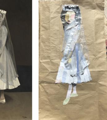 John Lavery's painting Her First Communion beside a collage version of the painting