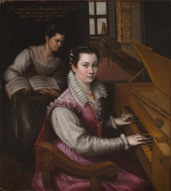 An oil painting showing a woman in a pink dress sitting at a virginal (musical instrument like a harpsichord). Her hands are on the keys, and she is looking directly at the viewer. In the background, another figures stands, holding a music score.