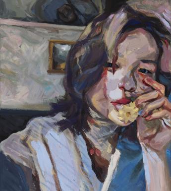 Expressive painted portrait of a young person with shoulder-length dark hair holding a yellow flower up to their mouth.