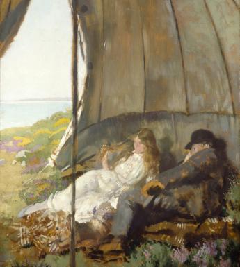 Painting of man and woman in a tent looking at the sea