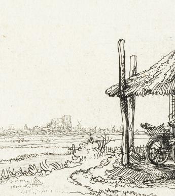A detail from an etching by Rembrandt showing city on the horizon. To the right, a modest rural dwelling is visible, including the wheel of a cart.