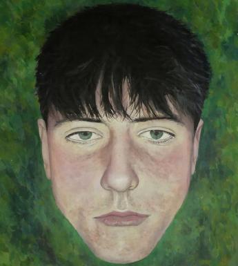 Animated video still of a young man's face floating against a green background