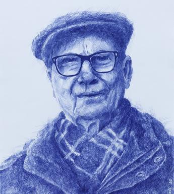 Blue ballpoint pen portrait of an elderly man wearing a flat cap, coat and tartan scarf