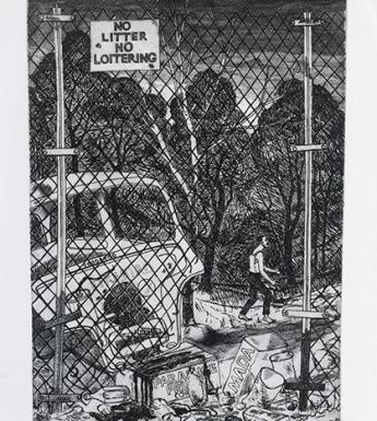 Drawing depicting a broken down car and a man behind a wire fence, with a sign saying No Litter, No Loitering