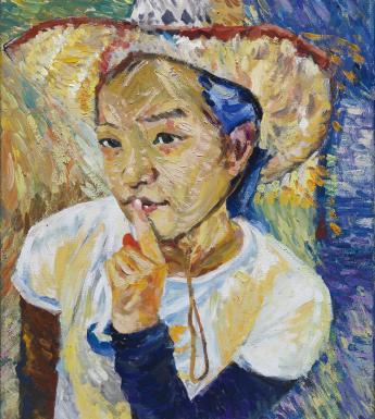 Painting of a young boy wearing a cowboy hat