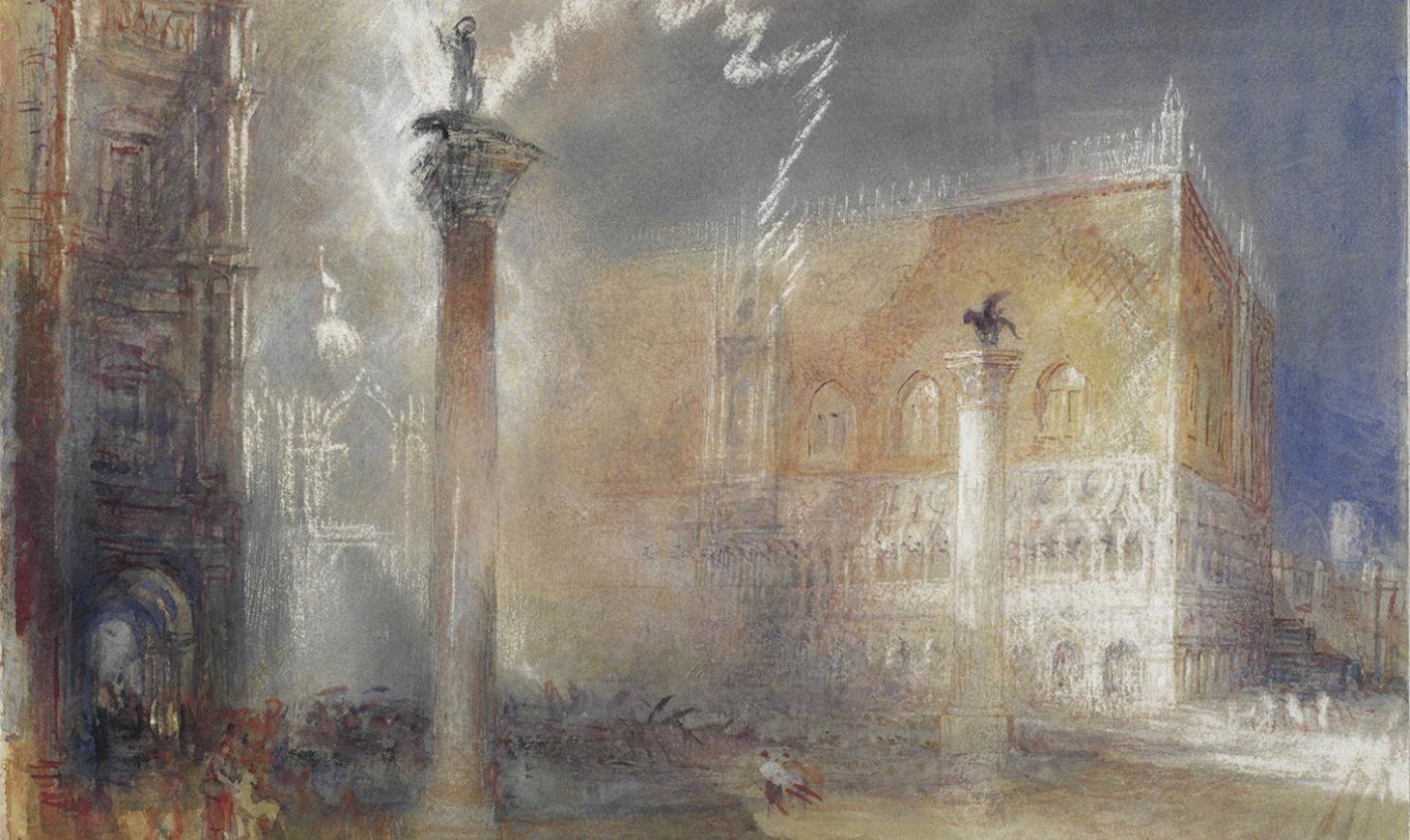 A sketch of the Piazzetta in Venice with dramatic dark sky and white highlights