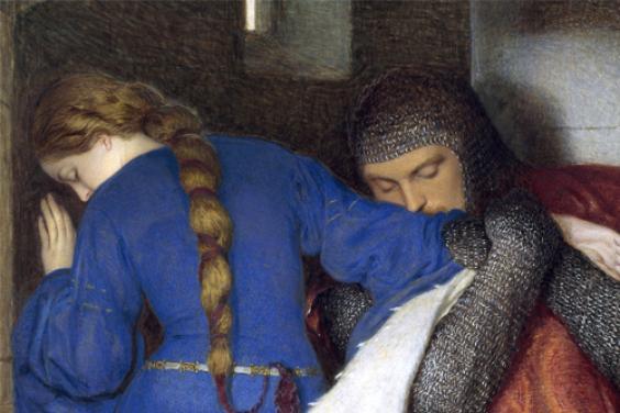 Watercolour of a man in a suit of armor grasping the arm of a woman in a blue dress with long plaited hair.