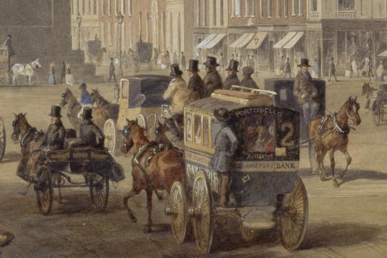 Watercolour of a horse-drawn tram