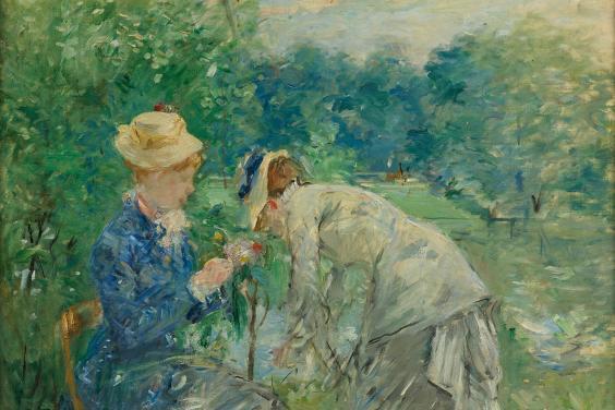 An impressionistic painting showing two women in a leafy park. Both wear hats. One, dressed in a blue jacket, sits on a chair. The other bends down tending to some flowers.