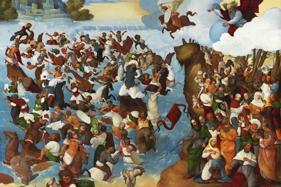 Large painting depicting the parting of the red sea, with numerous figures in a sea scape.