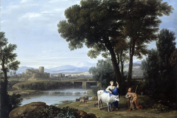 Painting of a man in a brown cloak with a staff, kneeling in front of a woman with a blue cloak with a white cow, in front of a blue sky and river.