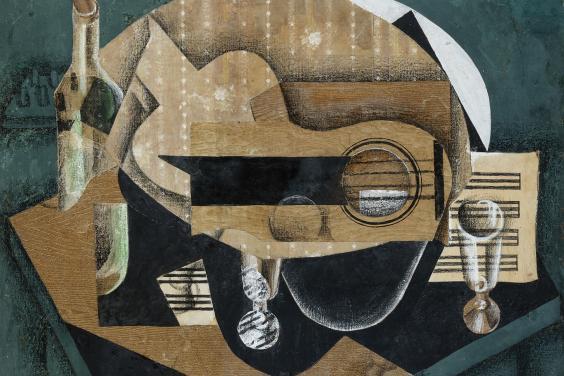 Collage depicting a guitar, glasses, sheet music and a glass bottle.