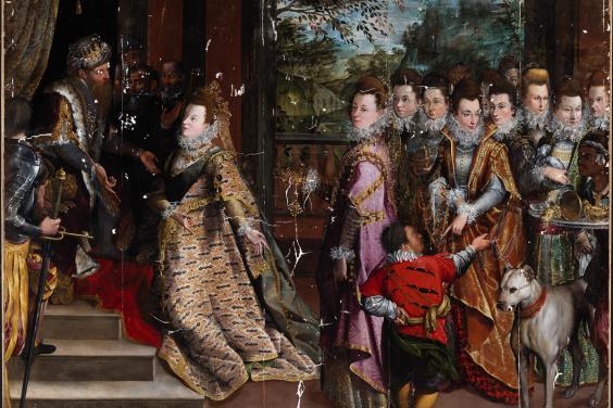 Grand painting of a group of women in period dress with ruffs, with areas of paint missing to show conservation work